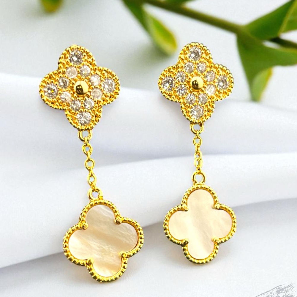 Elegant Gold and Cream Floral Drop Earrings